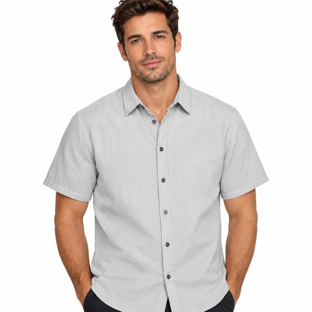 Alfani Mens Short Sleeve Button Down Shirt Size L Grey 100% Cotton Textured Top